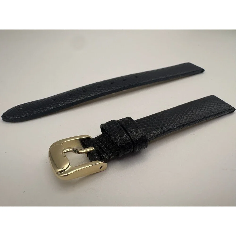 Vintage NOS Speidel 12mm Genuine Lizard Watch Strap - Black w/ Gold Buckle